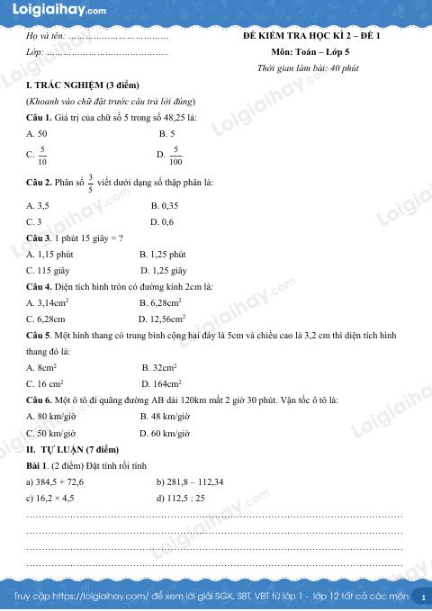 Đề số 1 - Đề kiểm tra học kì 2 - Toán lớp 5